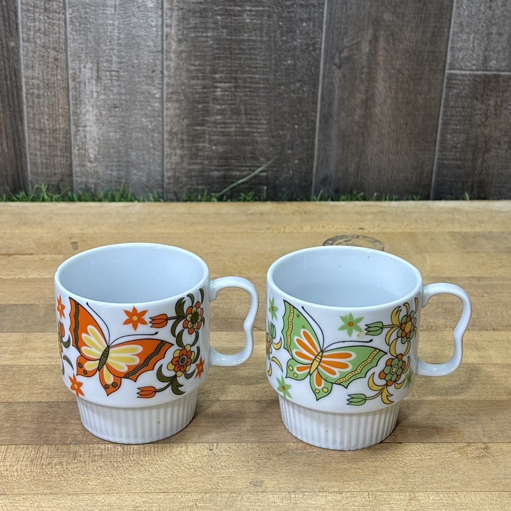 Vintage 1970s Japan Stacking Mugs Set of 2 Flower Power Mod Psychedelic